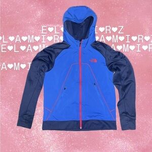 North Face blue and navy with red accents and thumb holes zip up jacket